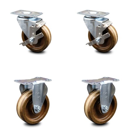 Service Caster 4 Inch High Temp Phenolic Swivel Top Plate Caster Set with 2 Brakes 2 Rigid SCC SCC-20S414-PHSHT-TLB-2-R-2